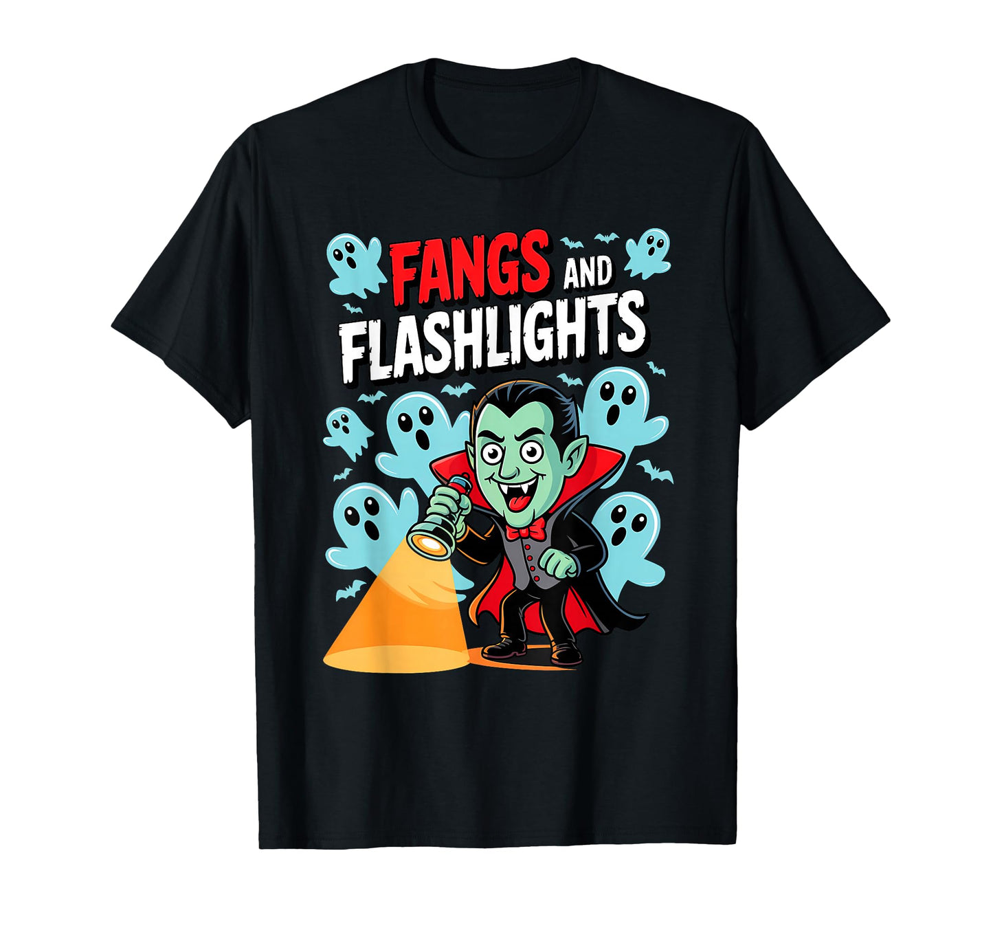 Fangs and Flashlights Funny Vampires Ghost Hunting Halloween T-Shirt