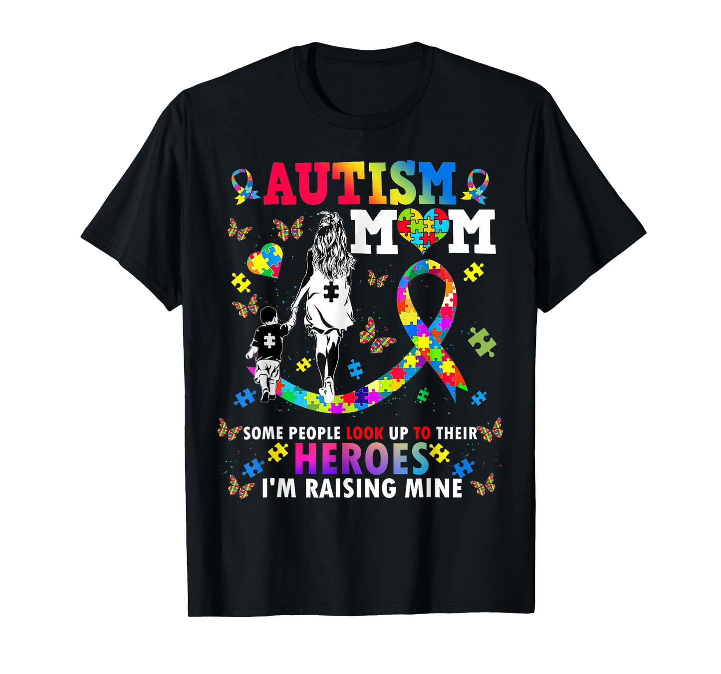 Autism Mom Raising Hero Groovy Heart Puzzle Autism Awareness T-Shirt