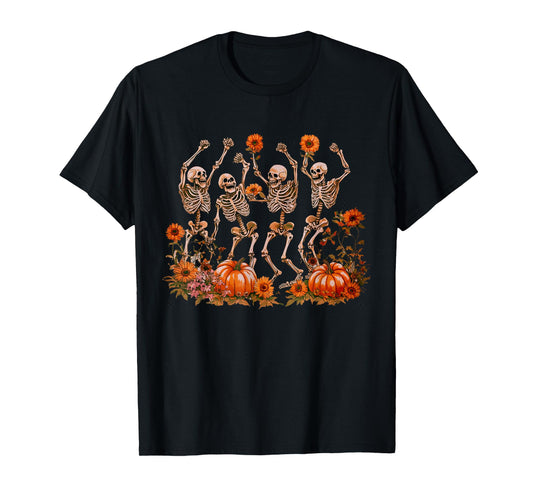 Dancing Skeletons Pumpkin Floral Skeleton Flower Halloween T-Shirt