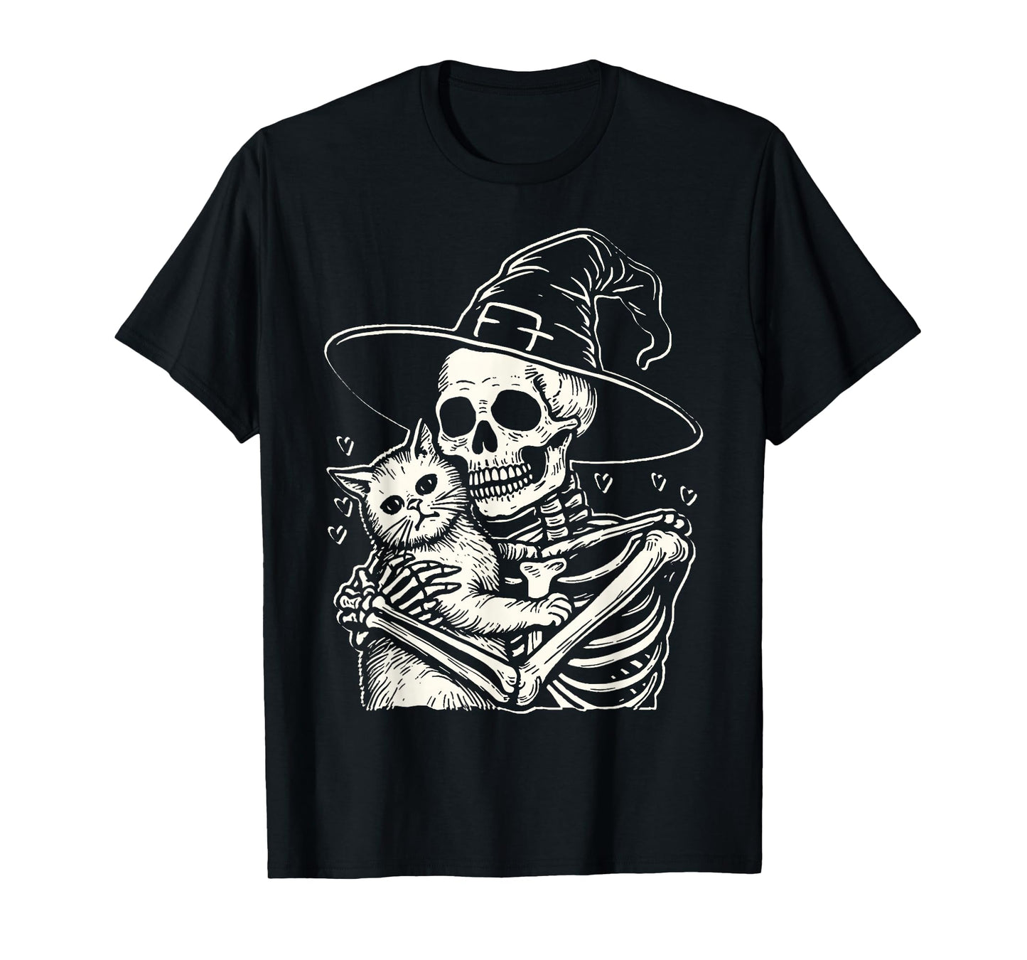 Skeleton Hugging Cat Halloween Cat Lover Skeleton Witch T-Shirt