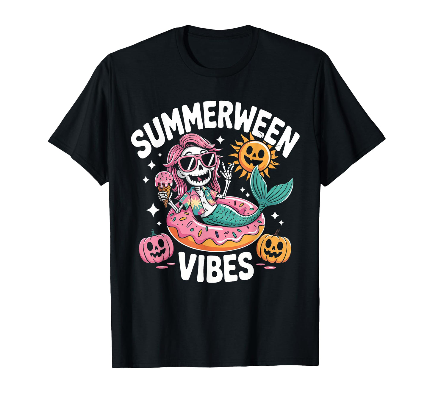 Summerween Vibes Spooky Summer Mermaid Skeleton Halloween T-Shirt