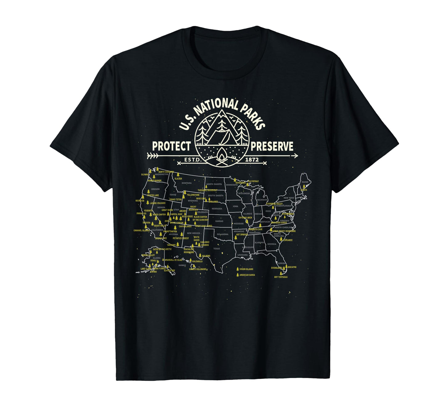U.S. National Park Camping - All 63 US National Parks Map T-Shirt