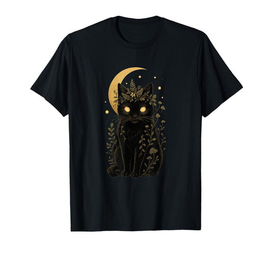 Cute Cottagecore Black Cat Graphic Mystical Fairycore Moon T-Shirt