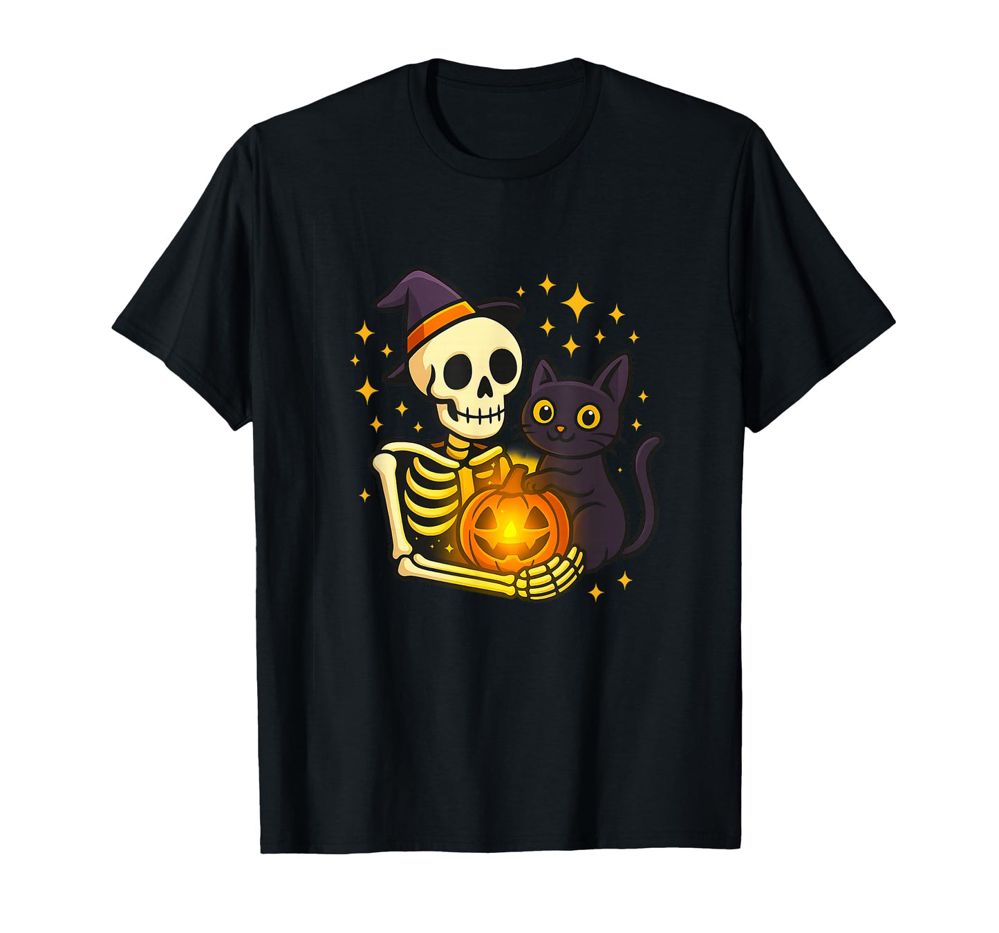 Cute Skeleton Hugging Cat & Pumpkin Halloween T-Shirt