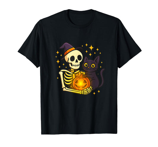 Cute Skeleton Hugging Cat & Pumpkin Halloween T-Shirt