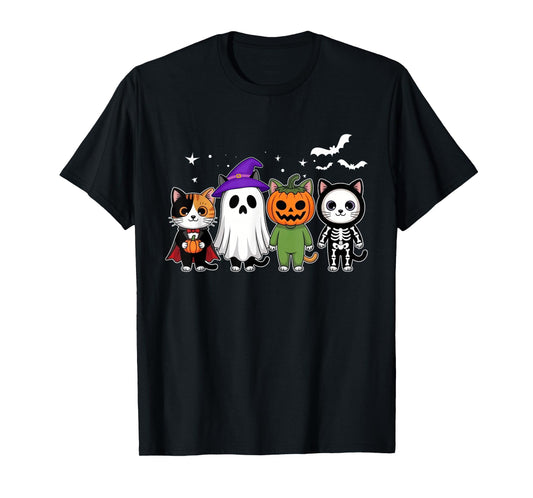 Cute Halloween Cat Ghost Pumpkin Skeleton Halloween Party T-Shirt