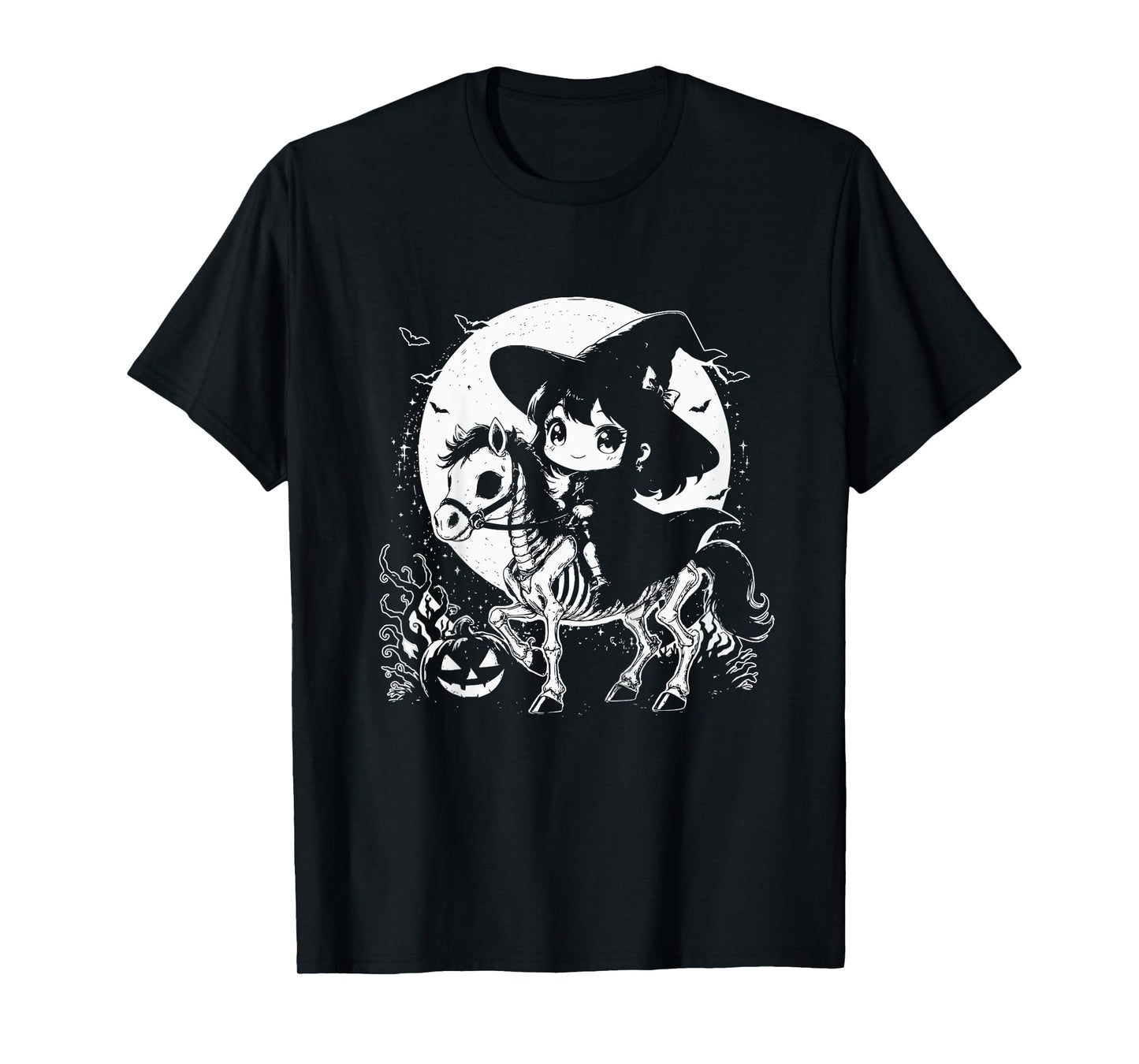 Witch Riding Horse Skeleton Cute Spooky Halloween Girls T-Shirt