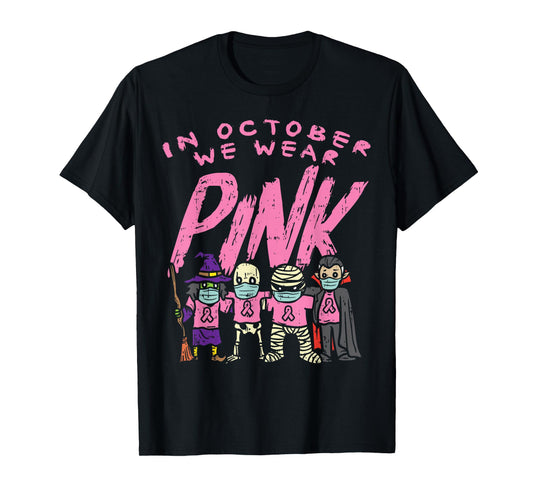 October We Wear Pink Witch Skeleton Breast Cancer Halloween T-Shirt