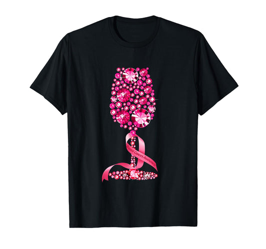 Pink Ribbon Wine Glass Breast Cancer Awareness Wine Lovers T-Shirt