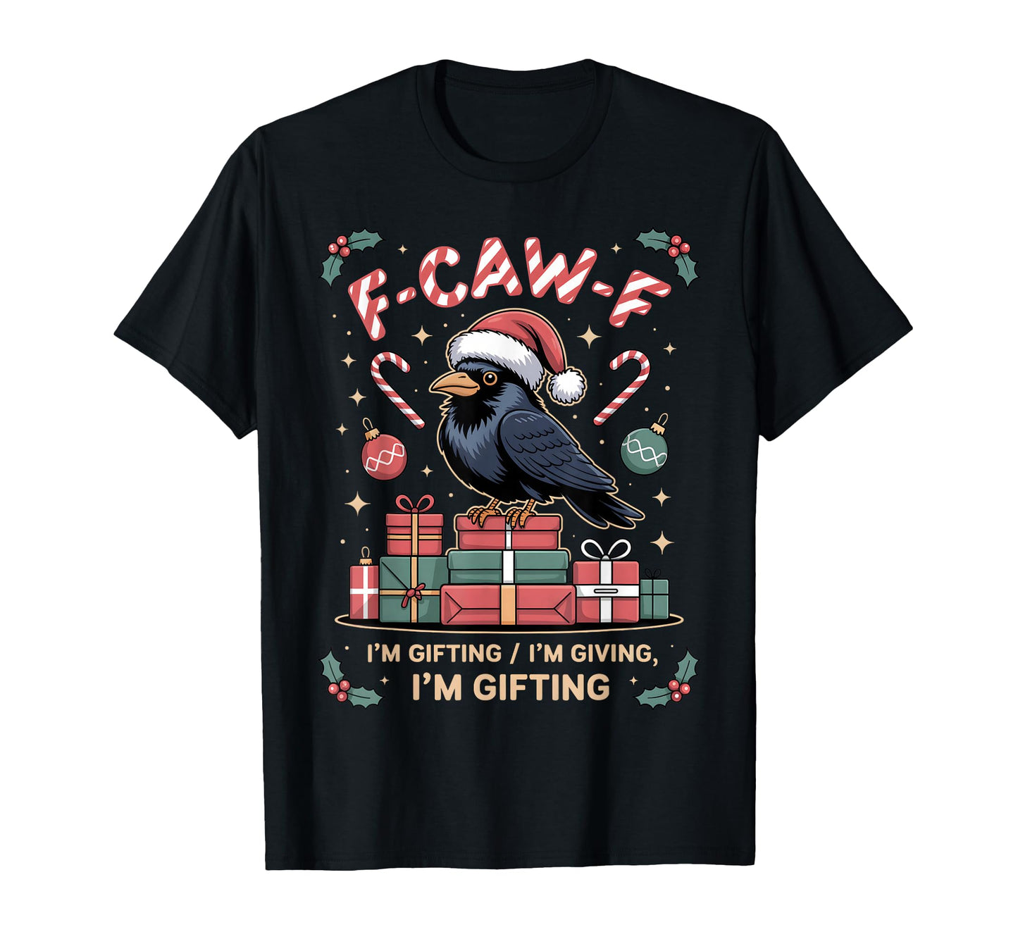 Black Crow F-Caw-F Funny Retro Christmas Lights Santa hat T-Shirt