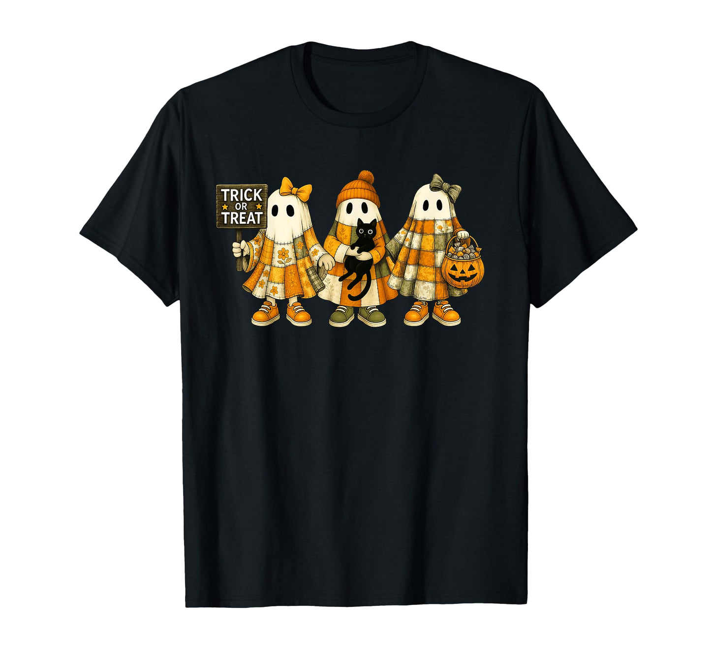 Trick Or Treat Retro Patchwork Ghost Pumpkin Halloween Kids T-Shirt
