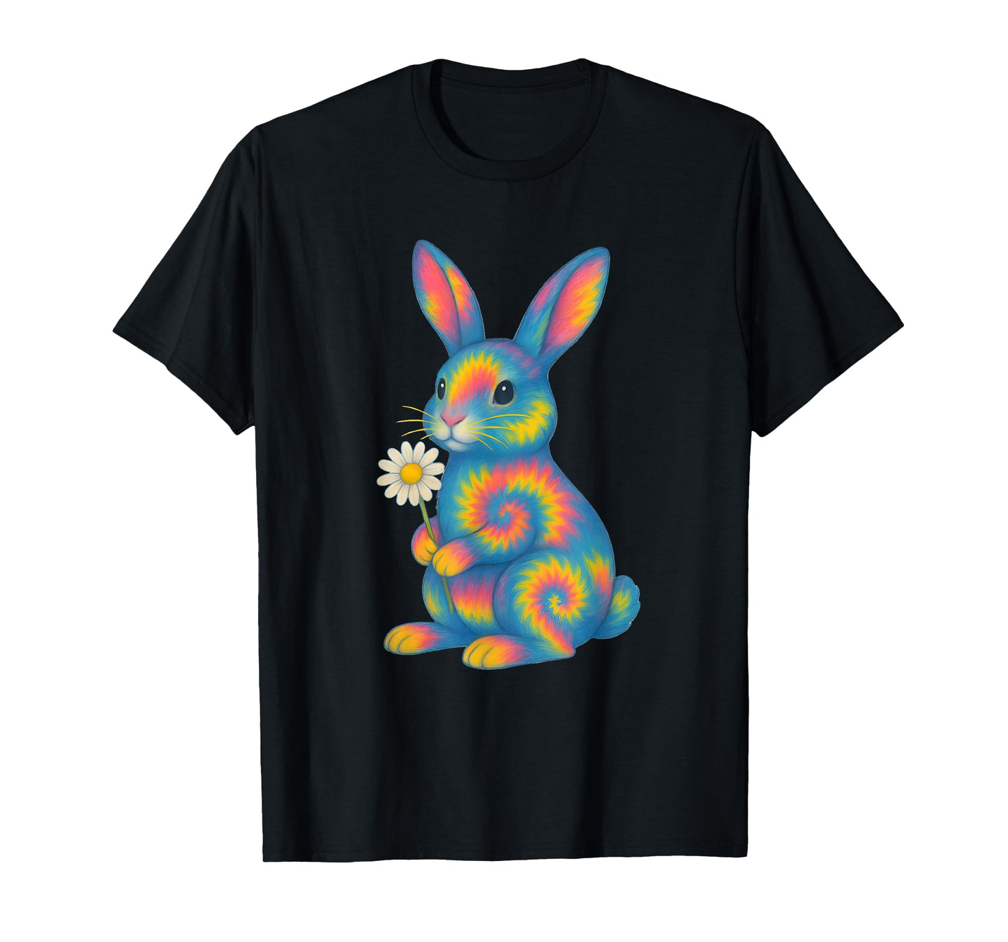 Colorful Tie Dye Bunny with Daisy Flower Illustration T-Shirt