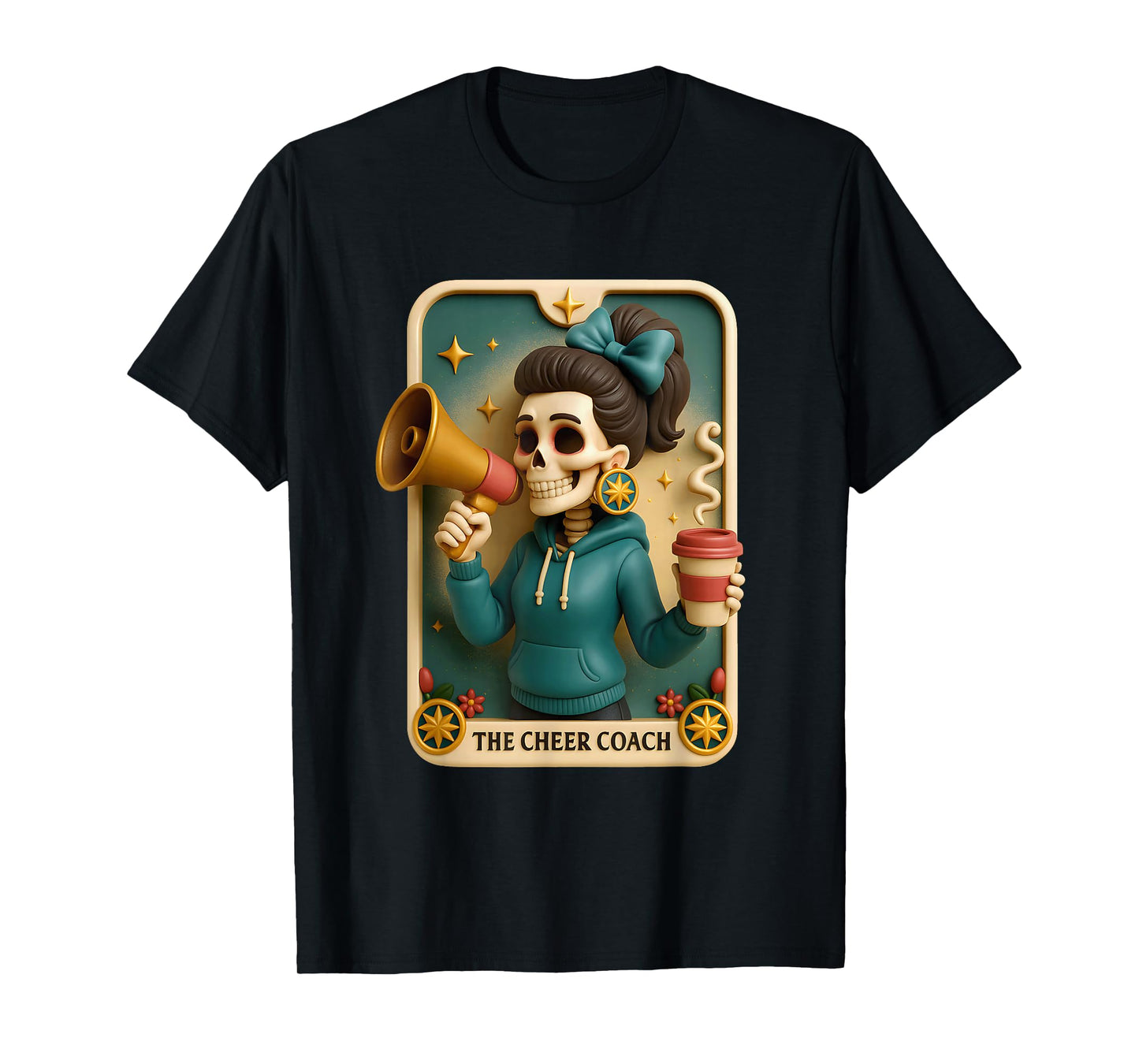 The Cheer Coach Skeleton Tarot Card Megaphone Halloween T-Shirt