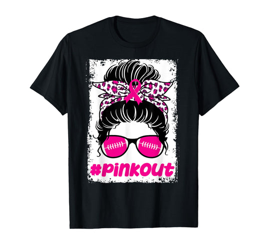 Pink Out Ou Breast Cancer Football Messy Bun Cheer Bleached T-Shirt