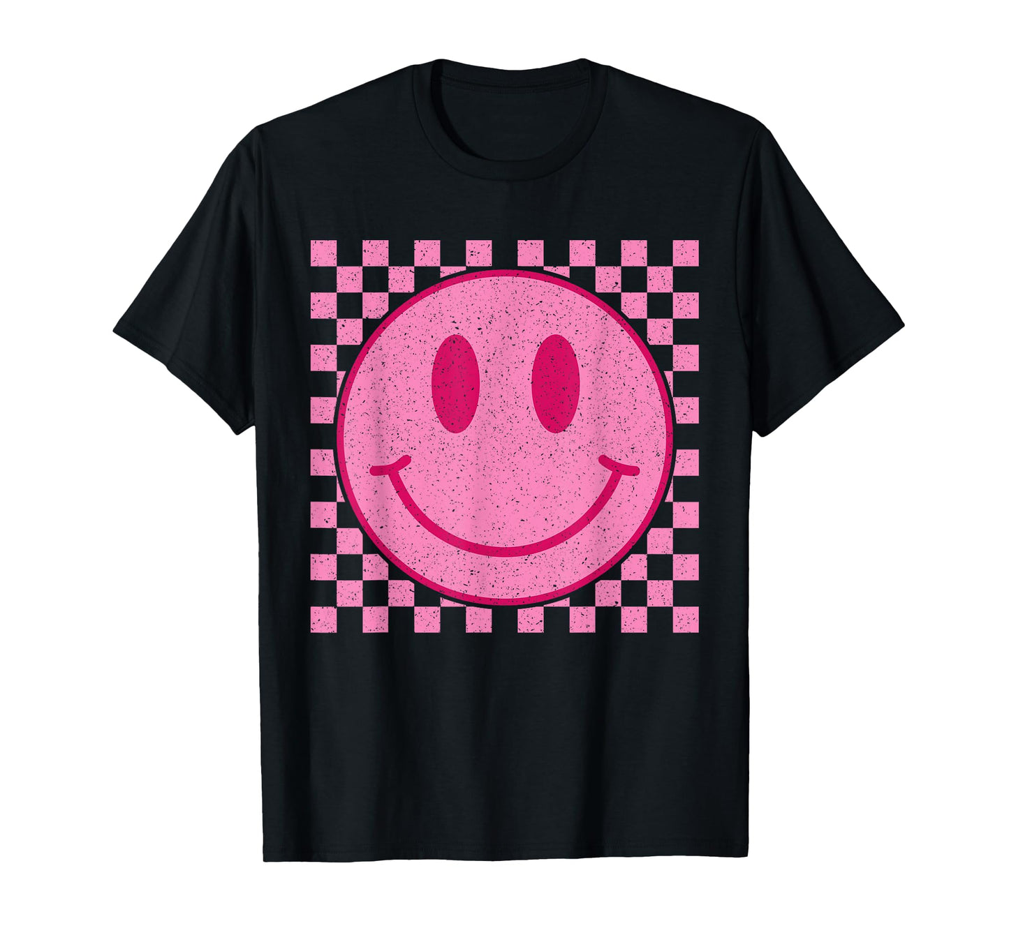 Retro Pink Happy Face Checkered Pattern Smile Face Trendy T-Shirt