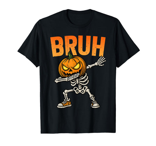 Dabbing Pumpkin Skeleton Bruh Halloween Trick Or Treat Boys T-Shirt