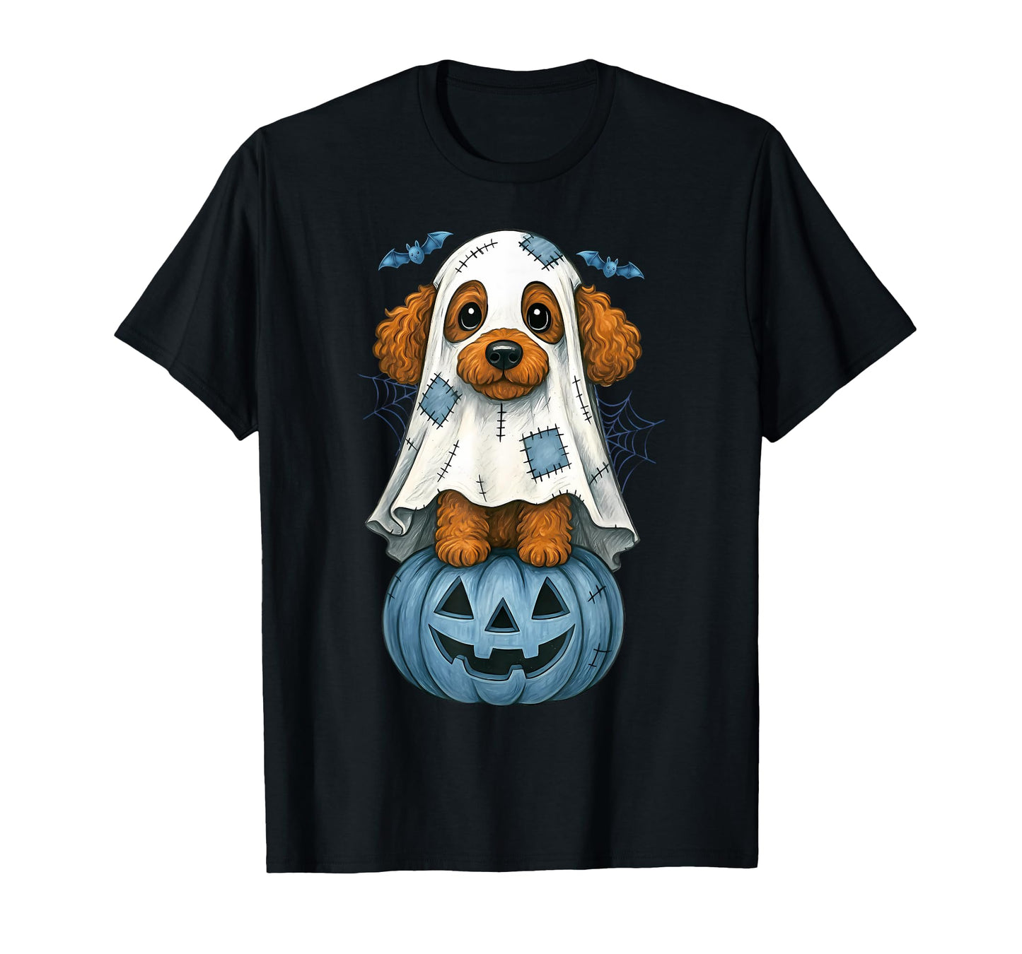 Halloween Ghost Poodle Pumpkin Blue Denim Patchwork Spooky T-Shirt