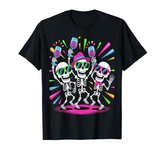 Dancing Skeletons Drinking Wine Funny Halloween Party Tee T-Shirt