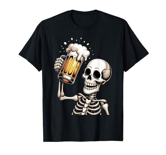Creepy Skull Skeleton Drinking Beer Funny Halloween Costume T-Shirt