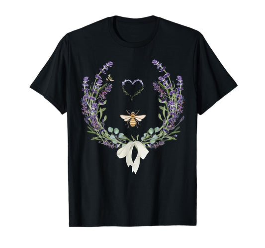 Cute Bee Bow Lavender Flower Heart Botanical Nature Lover T-Shirt