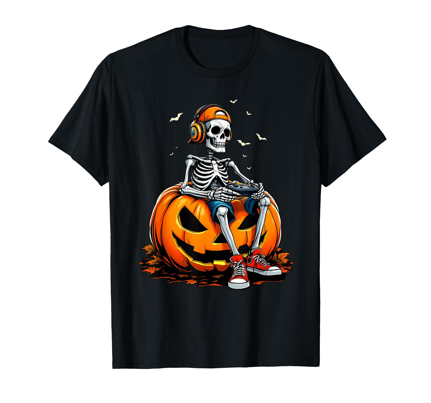 Spooky Pumpkin & Skeleton Gamer Tee | Boys & Kids Halloween T-Shirt
