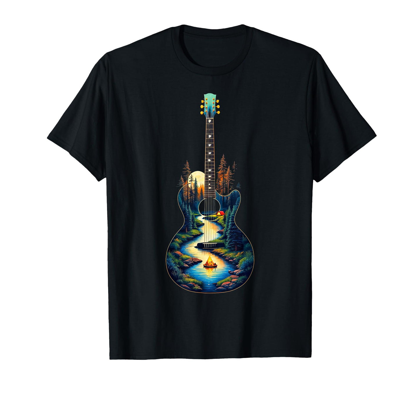 Guitar Lake Reflections Forest Pine Tree Moon Camp Guitarist T-Shirt