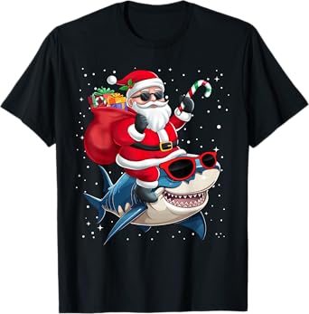 Santa Claus Riding A Shark Christmas Boy Girl Kids T-Shirt