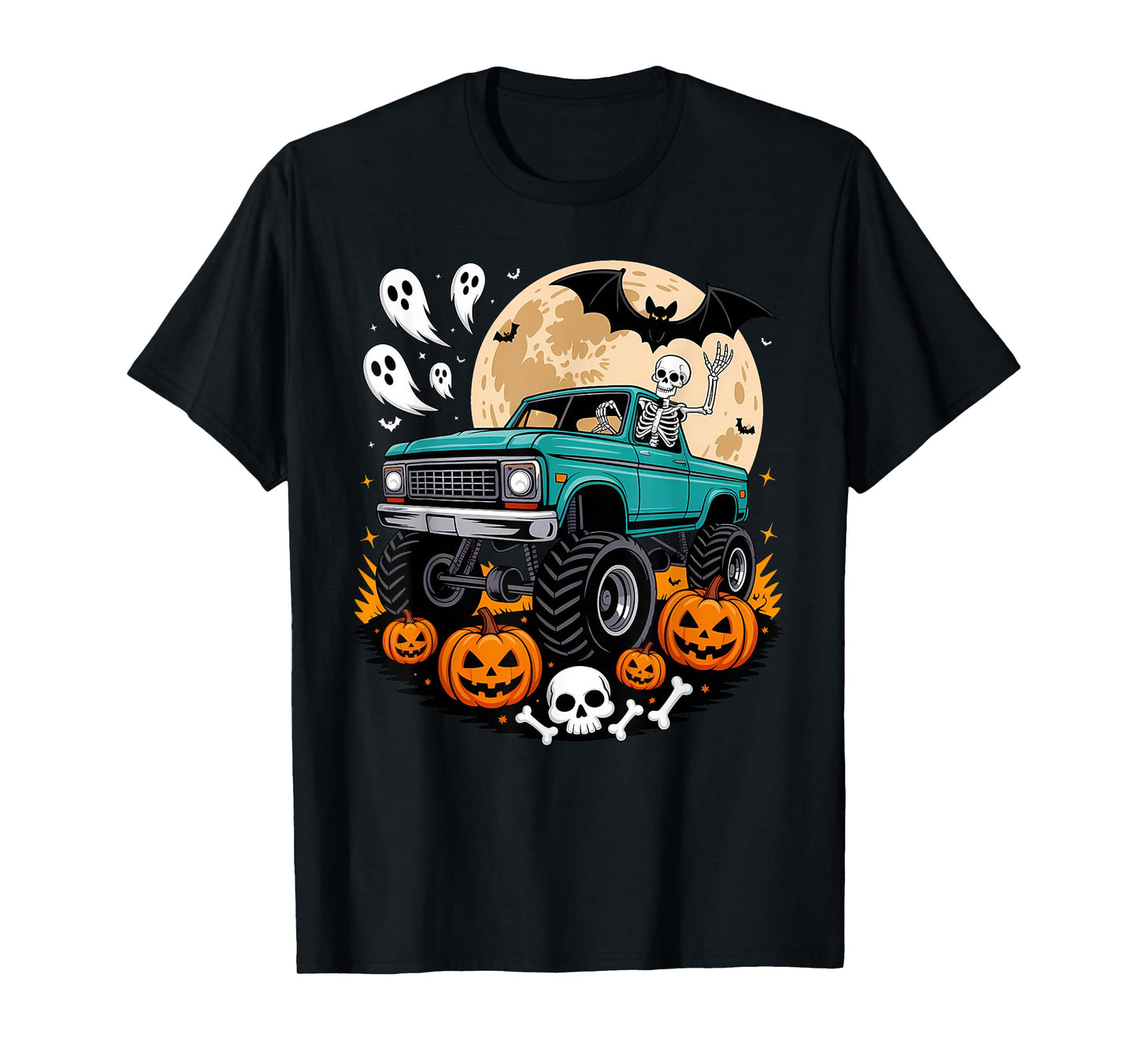 Halloween Skeleton Monster Truck Driver Pumpkins Ghosts T-Shirt