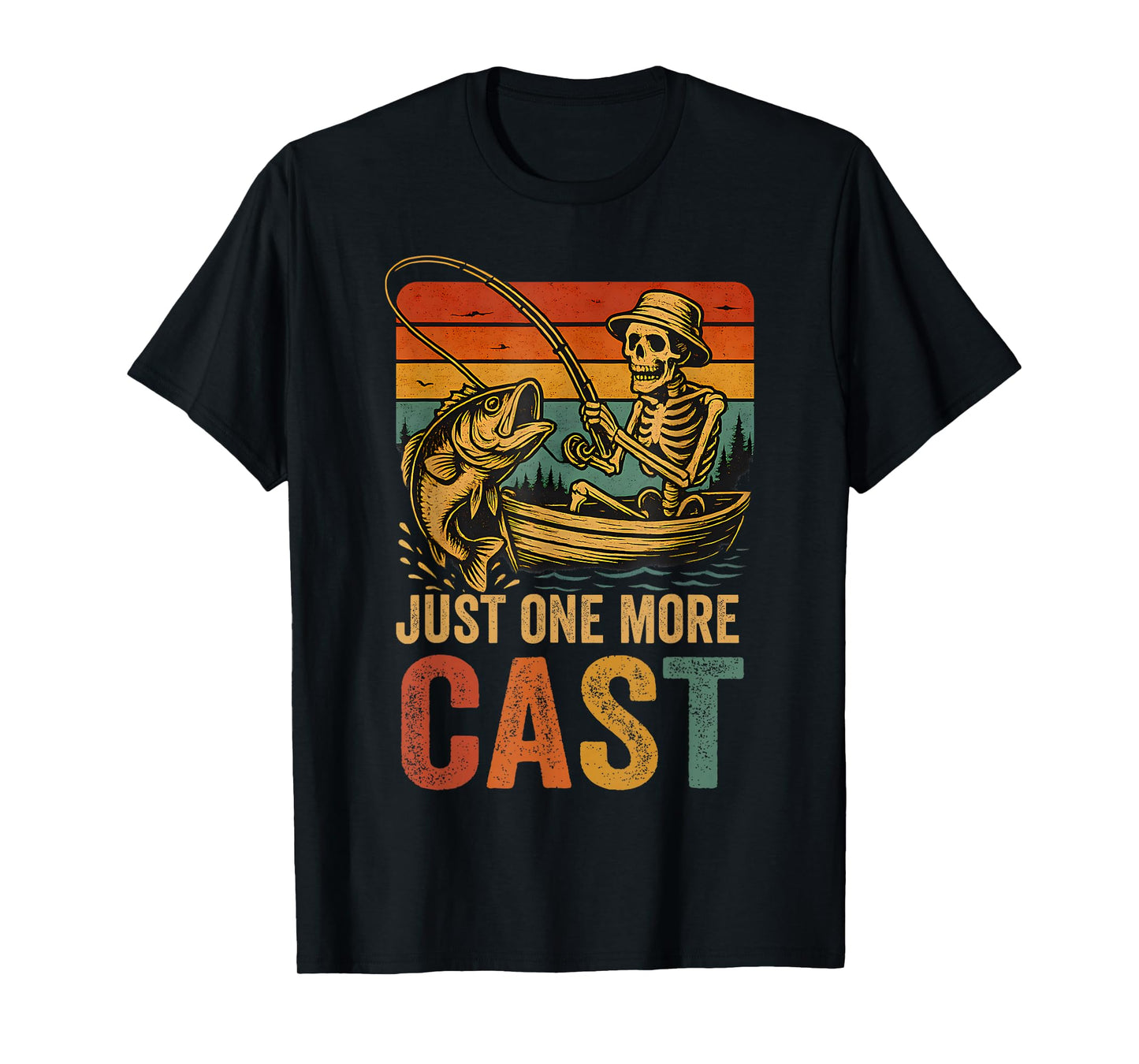 Vintage Just One More Cast Fishing Skeleton Sunset Design T-Shirt