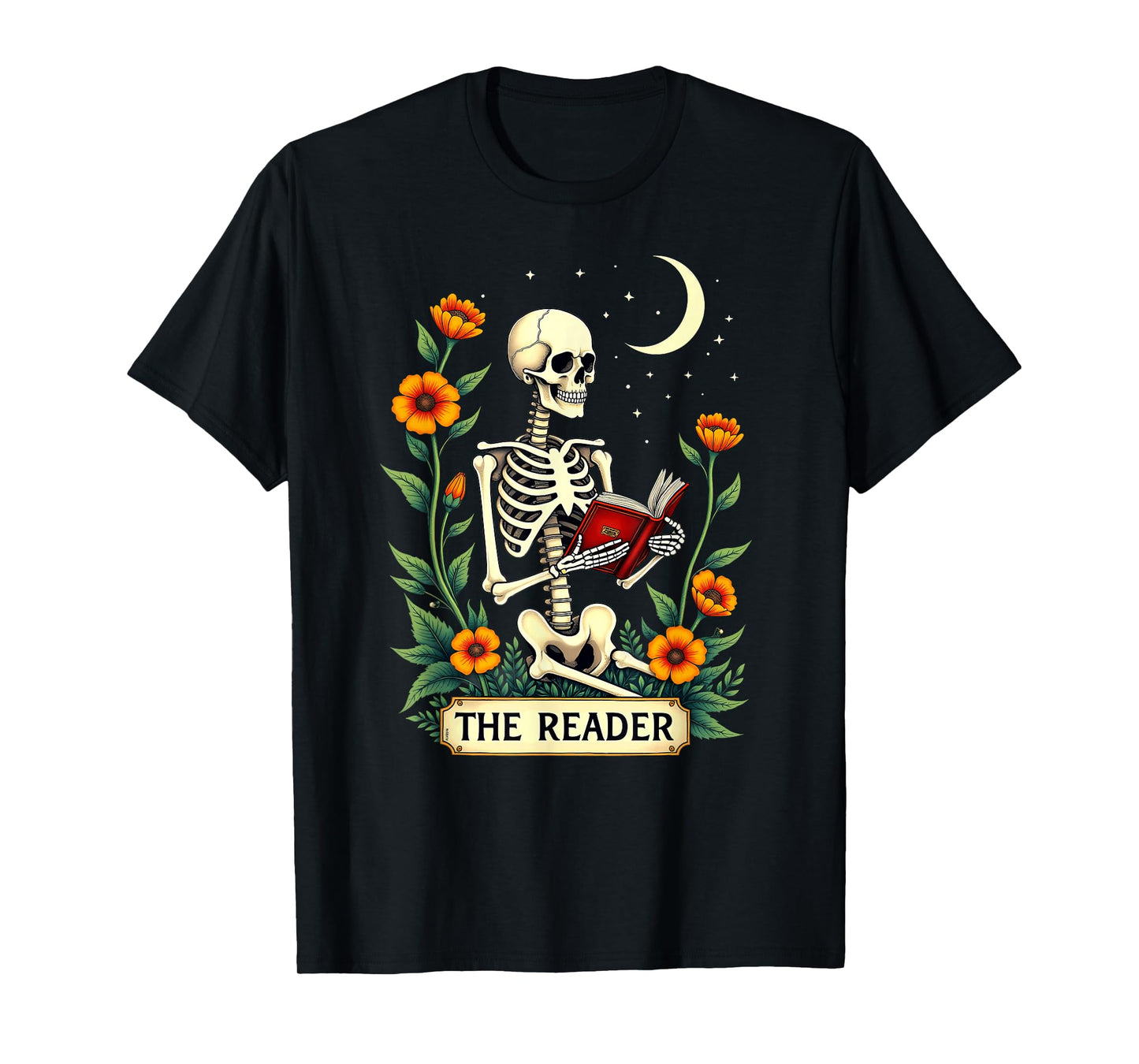Floral Tarot Card The Reader Skeleton Bookworm Librarian T-Shirt