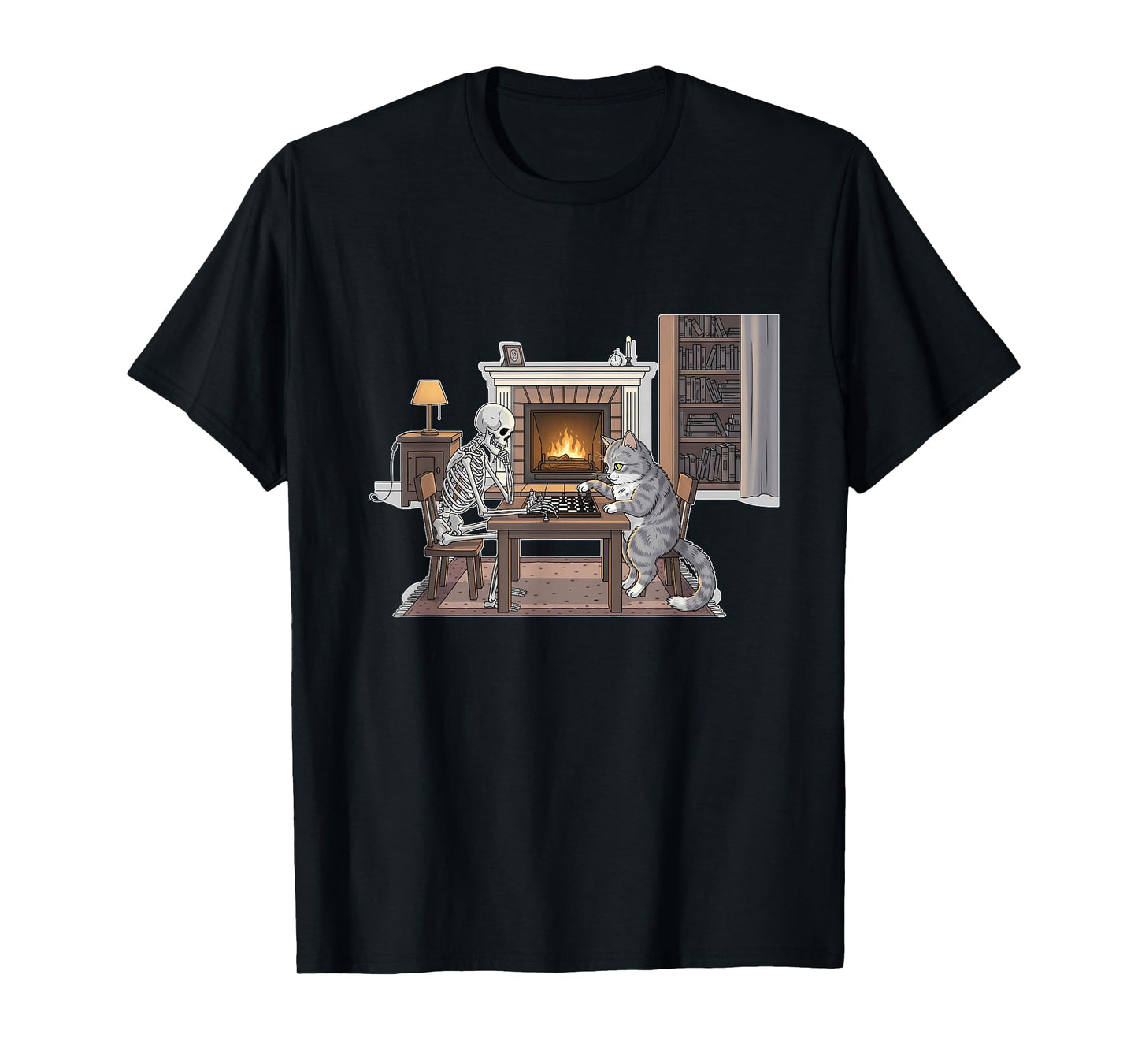 Skeleton and Cat Playing Chess T-Shirt