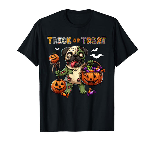 Trick Or Treat Costume Pug Horror Zombie Halloween Candies T-Shirt