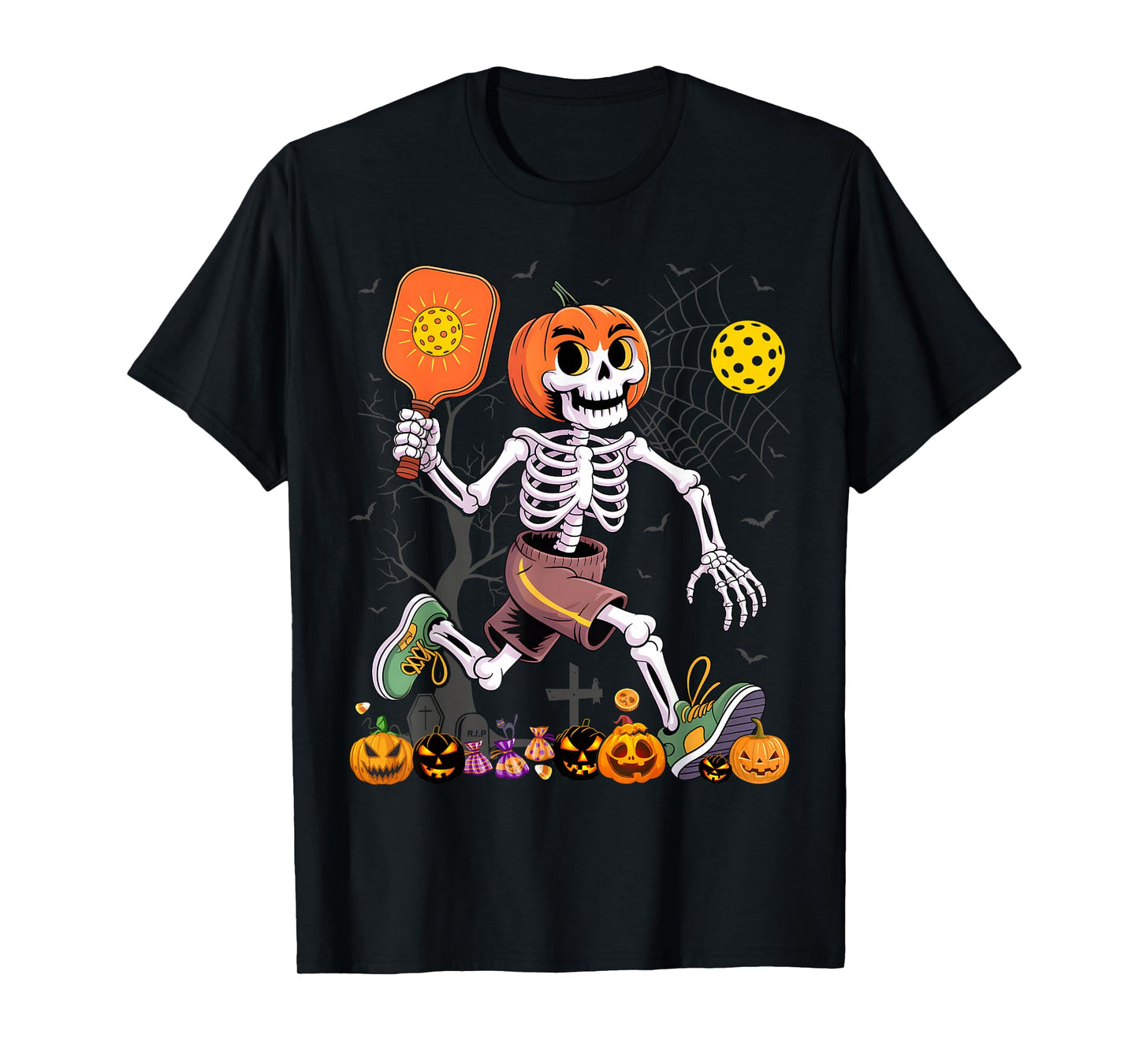 Pumpkin Head Skeleton Pickleball Halloween Spooky Sports T-Shirt