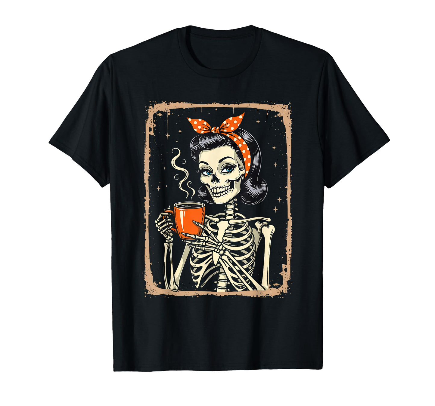 Vintage Skeleton Drinking Coffee Halloween Women T-Shirt