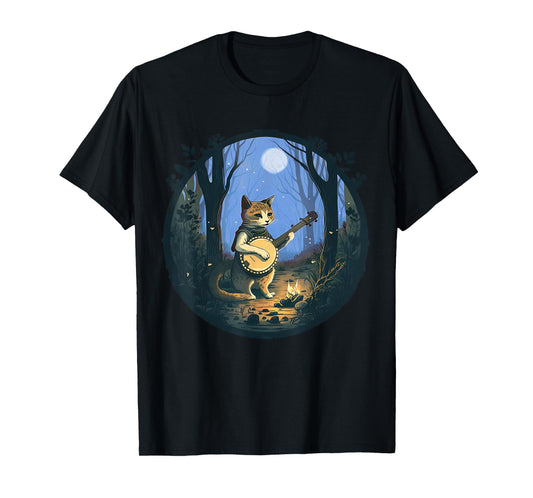 Cottagecore Aesthetic Cat Playing Banjo - Camping Gift Men Women Kids T-Shirt