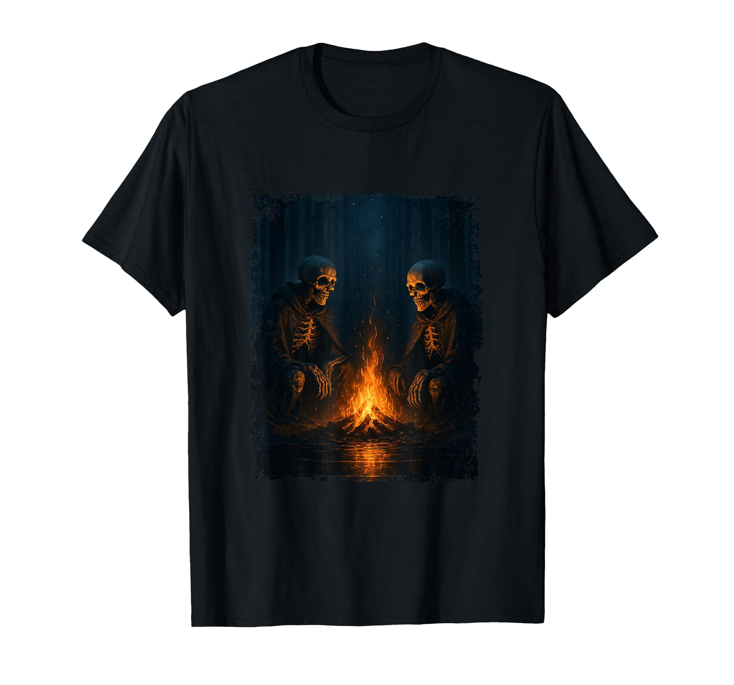 Skeletons by Fire Camping Forest Halloween Art Mens Womens T-Shirt