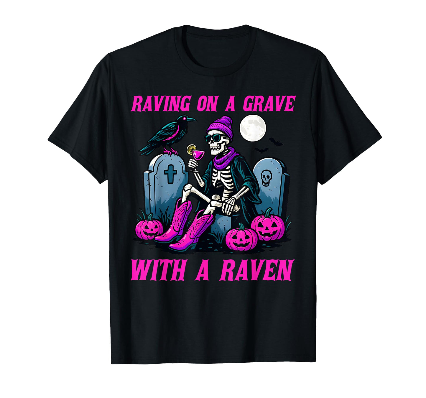Raving on a Grave with a Raven Halloween Skeleton Party T-Shirt
