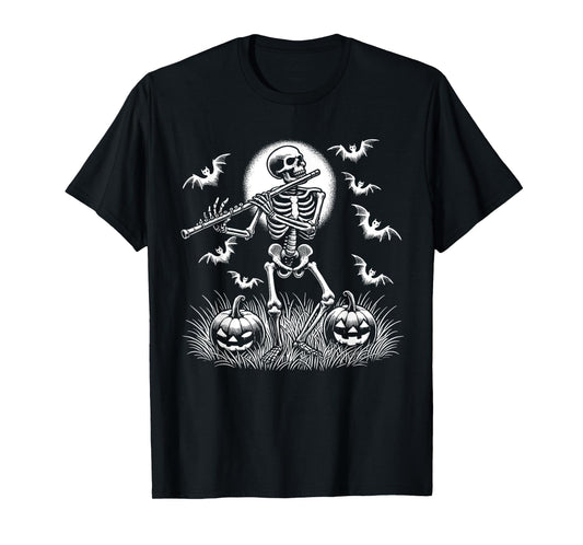 Funny Flute Skeleton Flutist Halloween Mens Womens Kids T-Shirt