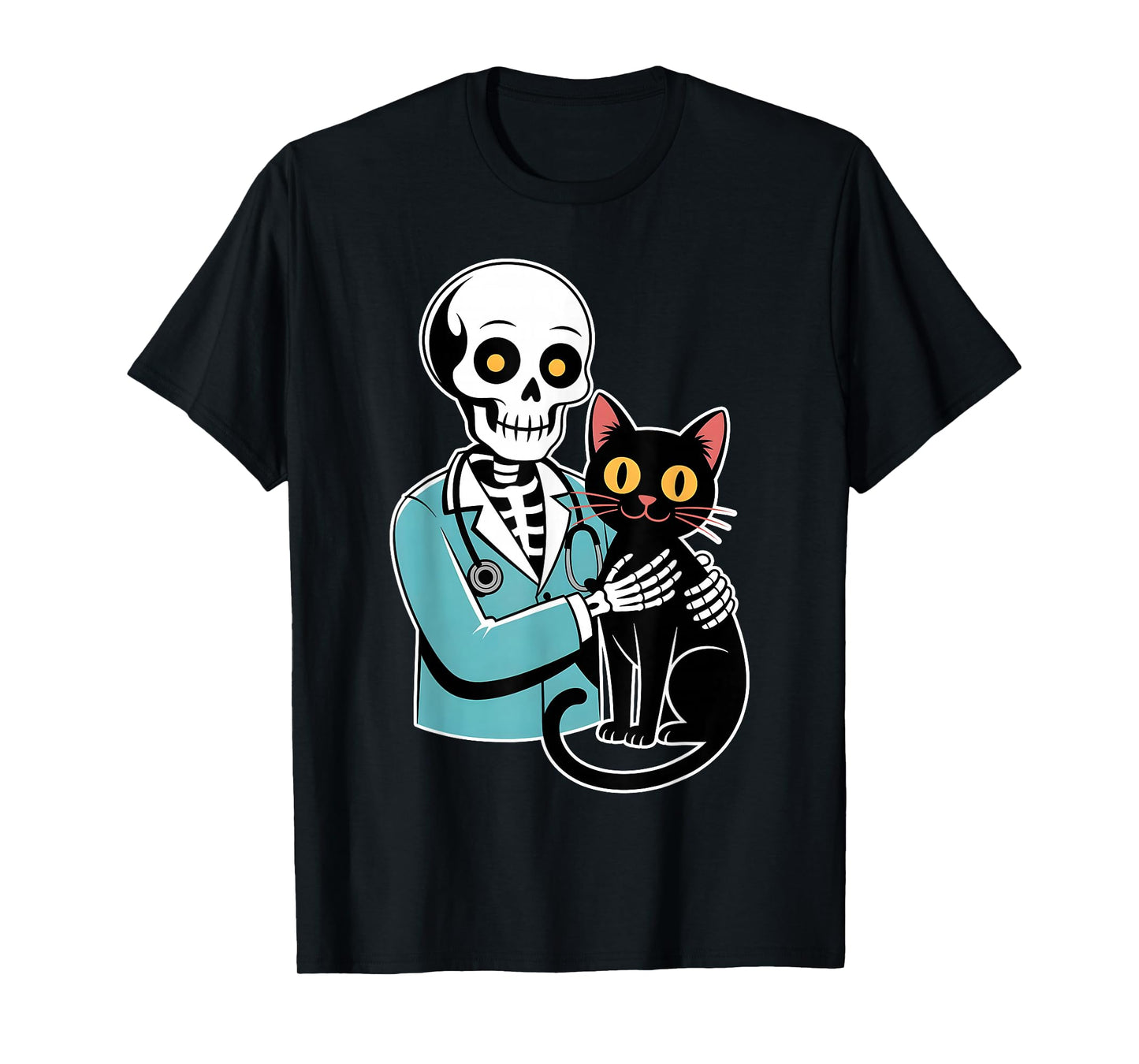 Skeleton Hugging Cat Funny Vet Cat Lover Halloween Men Women T-Shirt