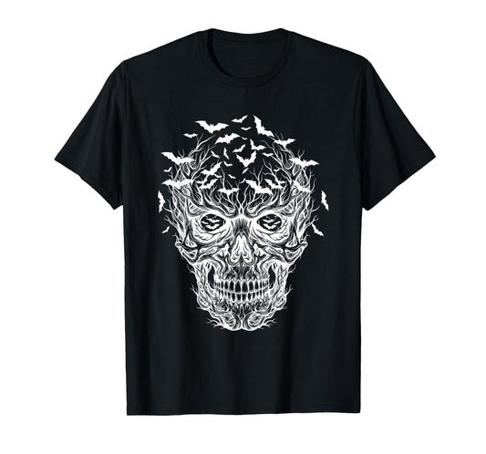 Bat Skull White Art Graphic Halloween T-Shirt