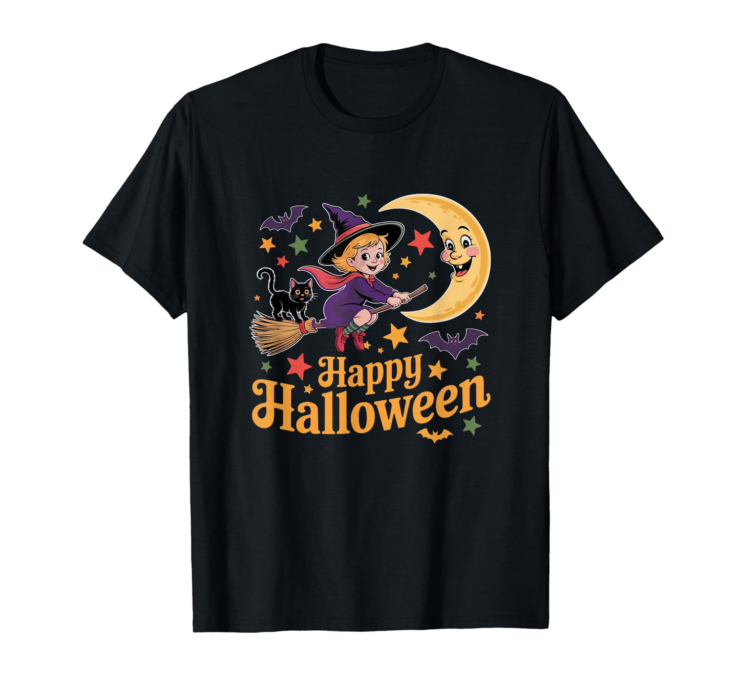 Happy Halloween Moon Cute Witch On Broomstick Cat Bats Lover T-Shirt