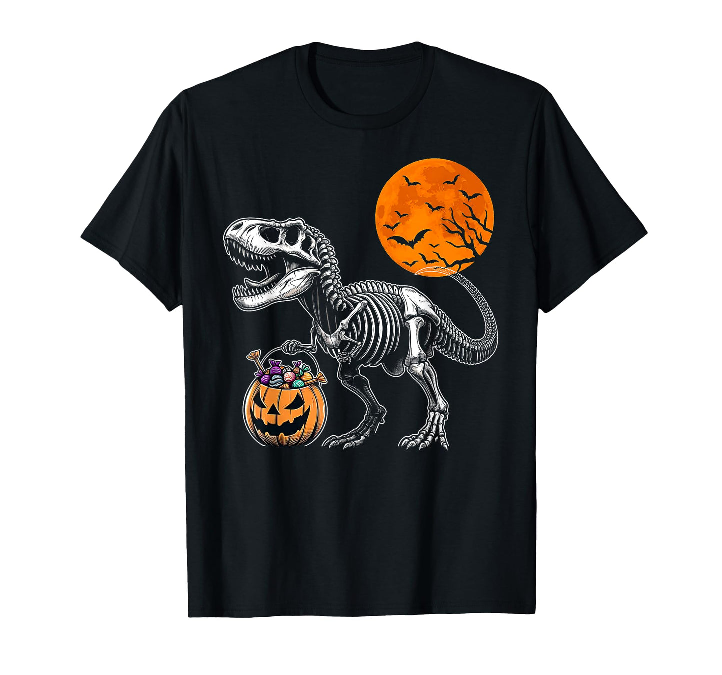Halloween Boys Dinosaur Skeleton T rex Scary Pumpkin Moon T-Shirt