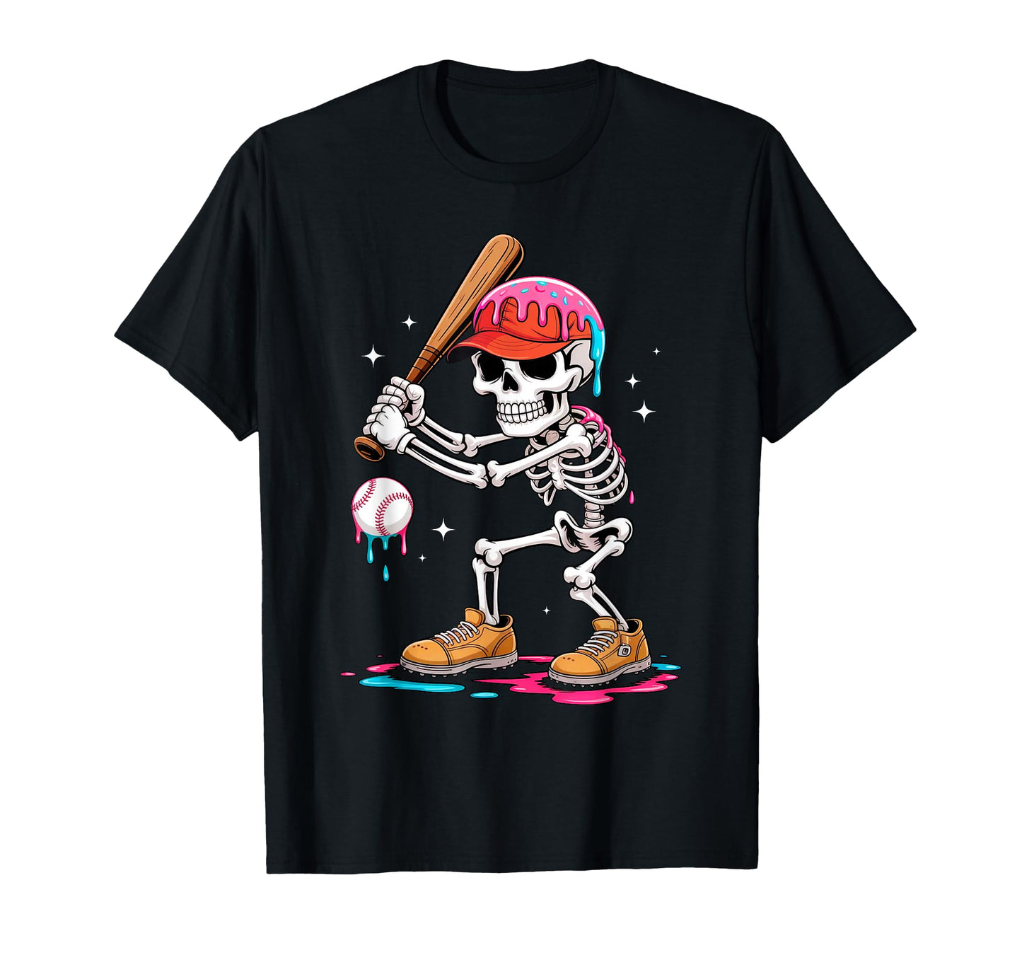 Funny Baseball Skeleton Ice Cream Drip Baseball Halloween T-Shirt
