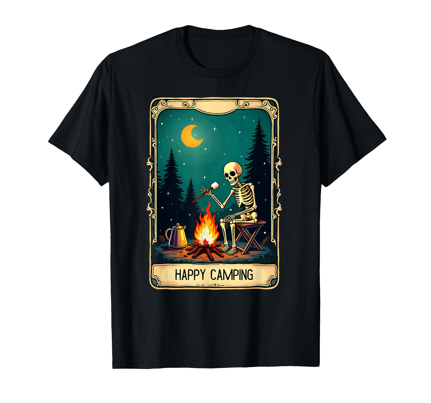 Gothic Tarot Card Skeleton Happy Camping T-Shirt
