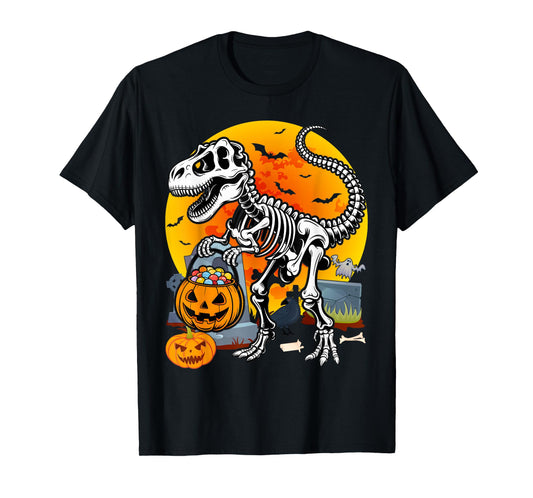 Dinosaur Skeleton T rex Scary Pumpkin Moon Kids Halloween T-Shirt