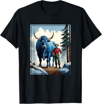 American Lumberjack Folk Hero Paul Bunyan & Babe The Giant Blue Ox in The Woods T-Shirt