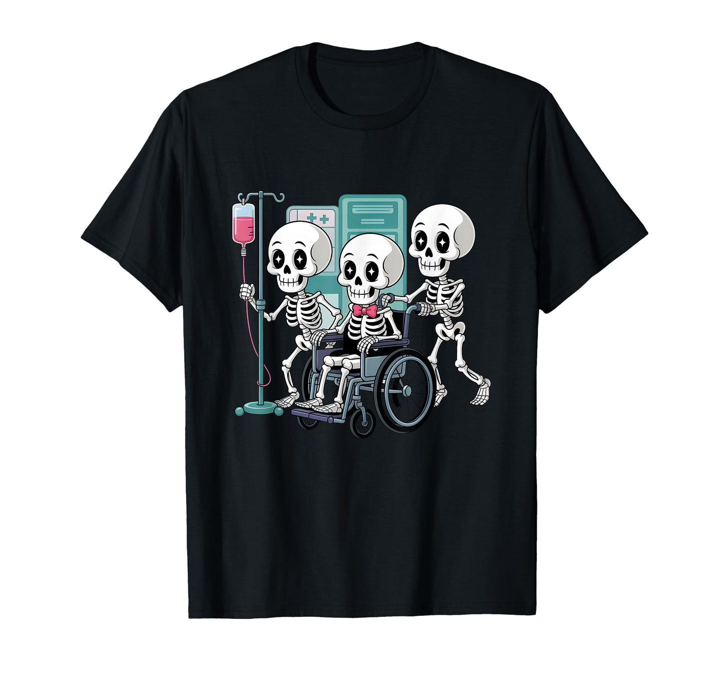 Skeletons in Hospital Wheelchair Halloween Medical Nurse T-Shirt