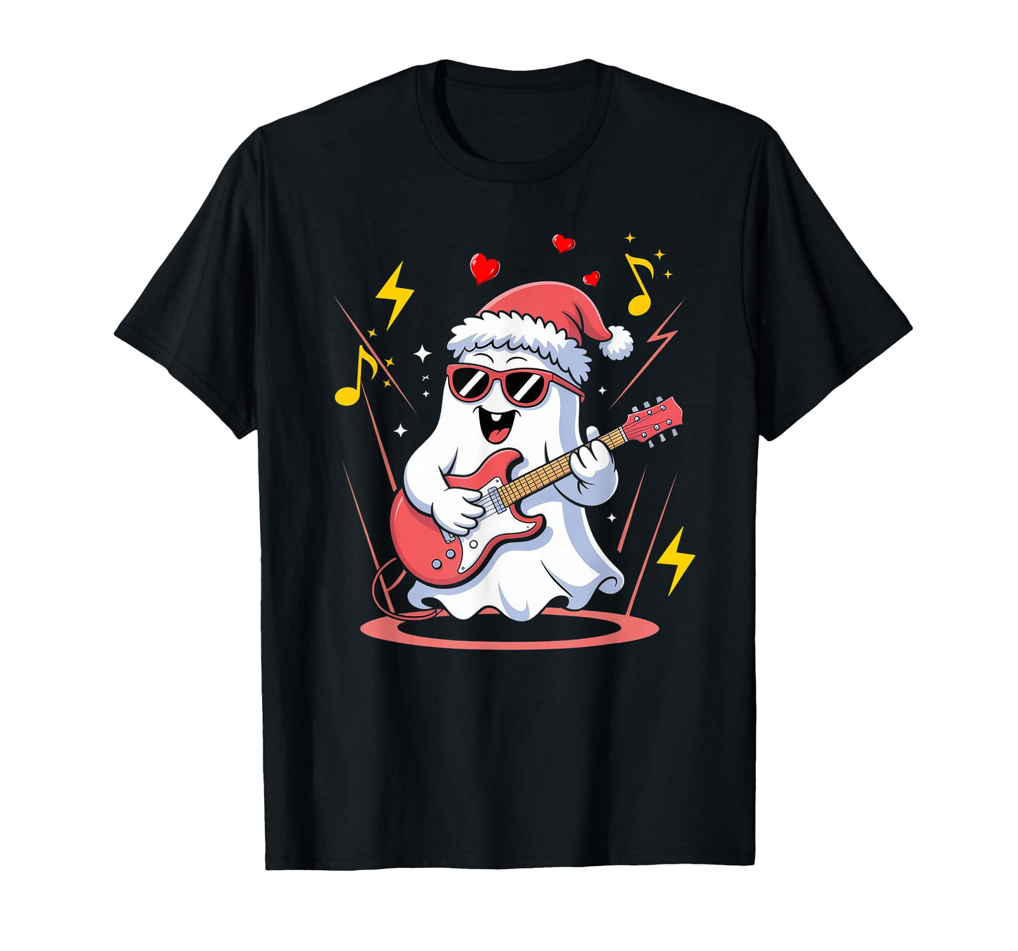 Halloween Rocker Ghost Santa Hat Cool Christmas Love Music T-Shirt