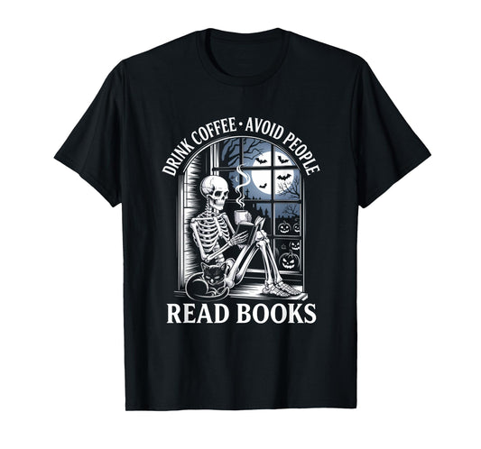 Drink Coffee Avoid People Read Books Skeleton Cat Halloween T-Shirt