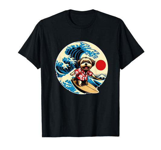 Great Wave Kanagawa Morkie dog Surfing T-Shirt for Men Women Kids